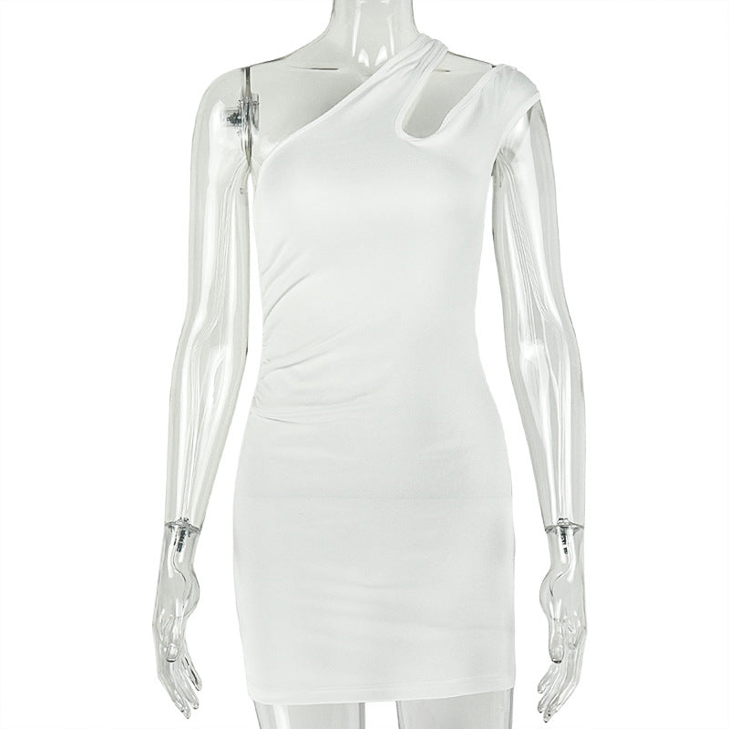 European and american style cross-border elastic women's fashion design asymmetrical bodycon dress solid color slant neck short slim-fit dress