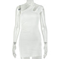 European and american style cross-border elastic women's fashion design asymmetrical bodycon dress solid color slant neck short slim-fit dress