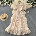 French chic lace-trimmed dress: women's summer short-sleeve a-line dress with tie waist – elegant and refined