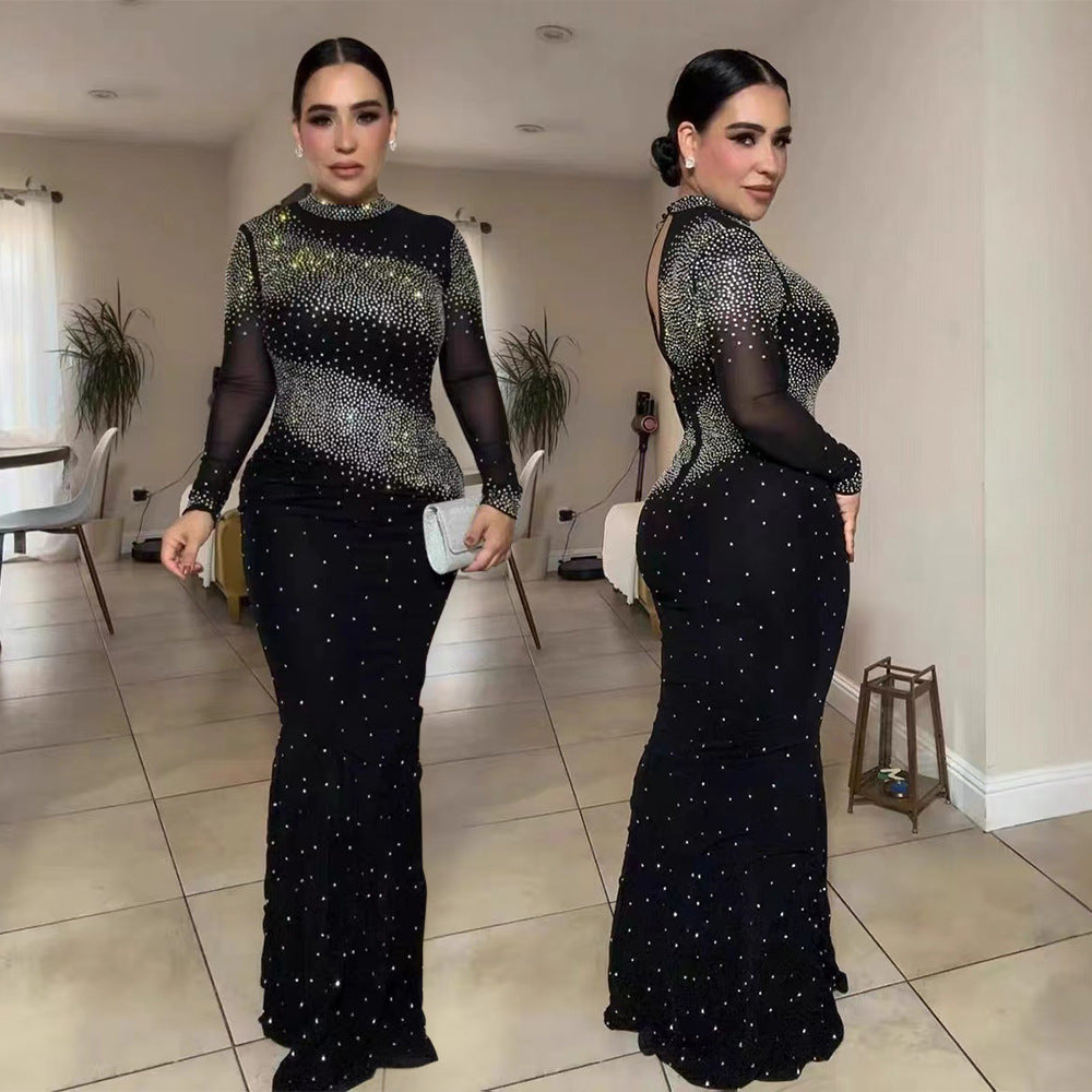 CY901655 European and American 's new semi-turtleneck sexy hip-wrapped long dress dress dress party hot diamond model