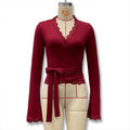 European and american cross-border  autumn new women's solid color sexy v-neck lace trim tie-up long sleeve slim fit t-shirt