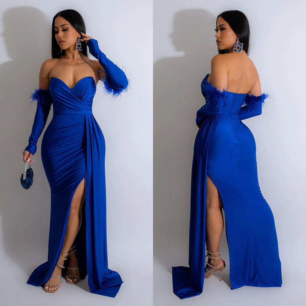 C6797 cross-border   fashion women's solid color pleated backless slit maxi dress