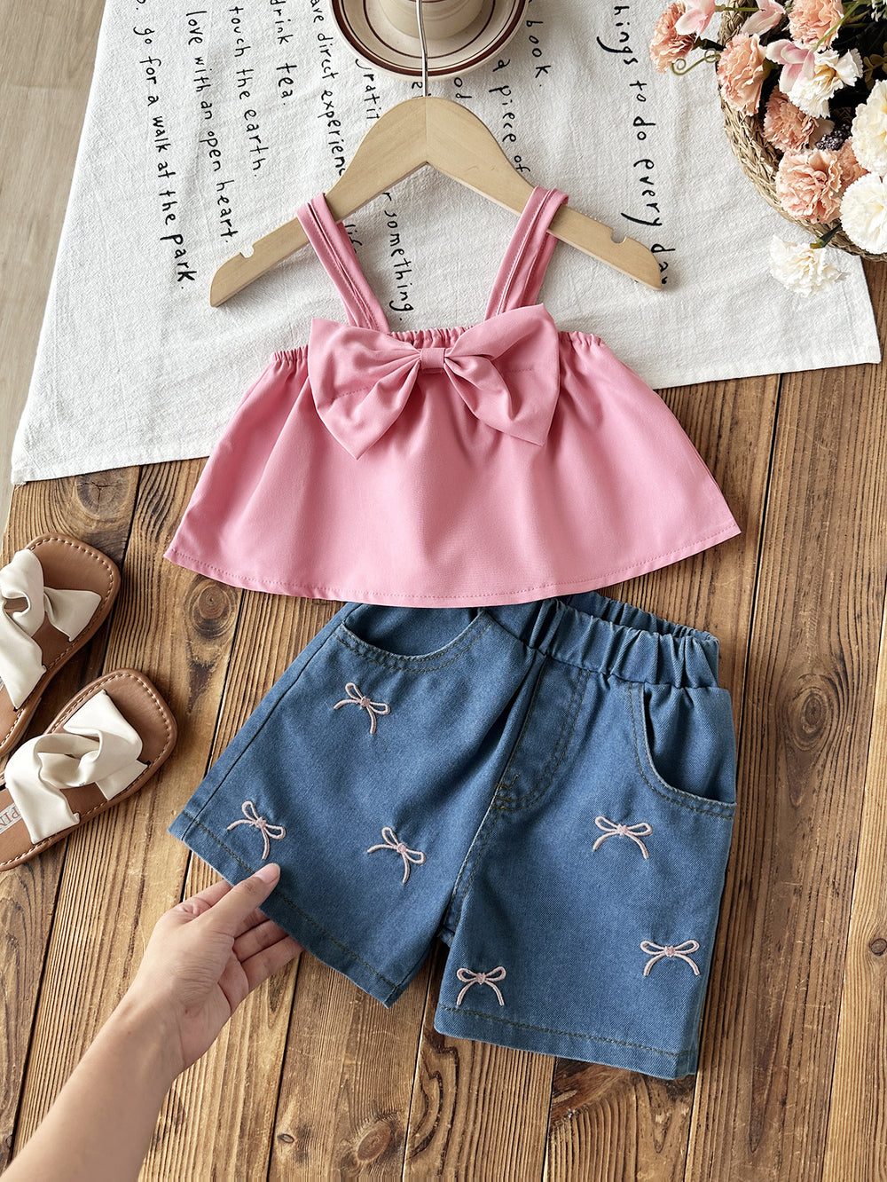 cross-border girls' playful & cute cami top + embroidered denim shorts set with bow detail