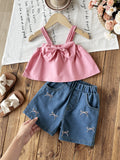 cross-border girls' playful & cute cami top + embroidered denim shorts set with bow detail