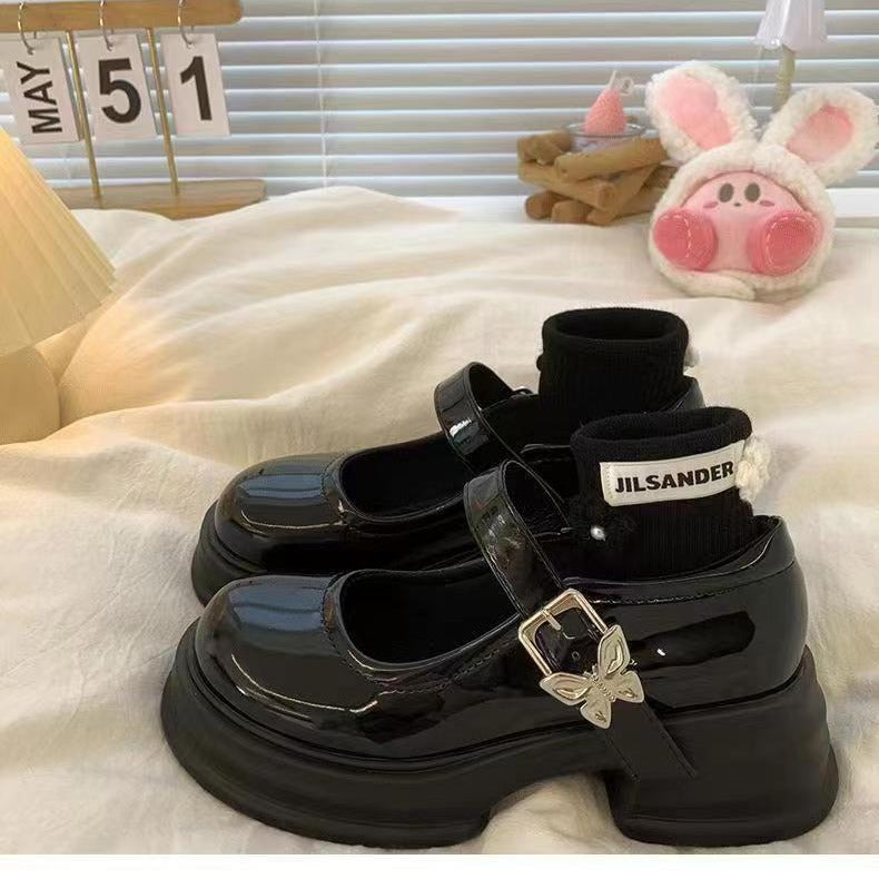 Korean version of black thick heel platform small leather shoes women's 2024 spring new heightening Mary Jane shoes shorty Le high heels