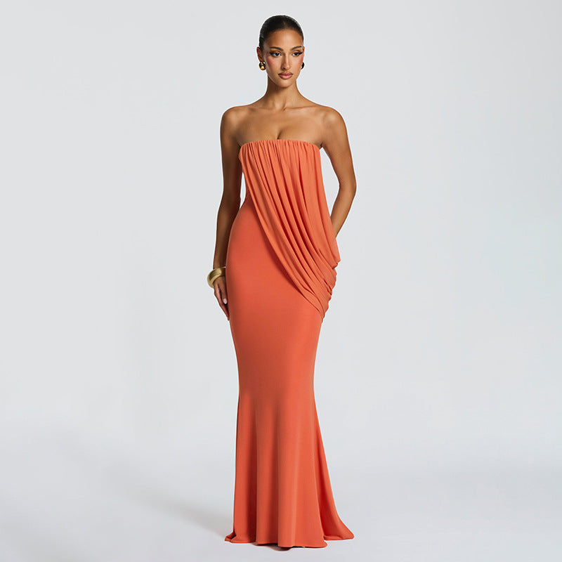 European and american cross-border women's fashion:  summer new arrival - elegant socialite solid color bandeau ruched mesh bodycon dress