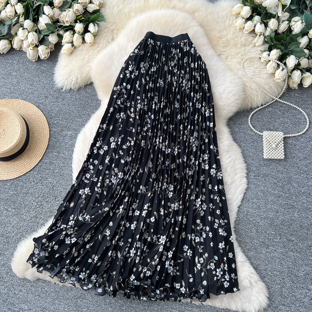 K-style floral high waist elastic waist a-line pleated skirt women's spring summer mid-length skirt slimming look large swing work clothing skirt