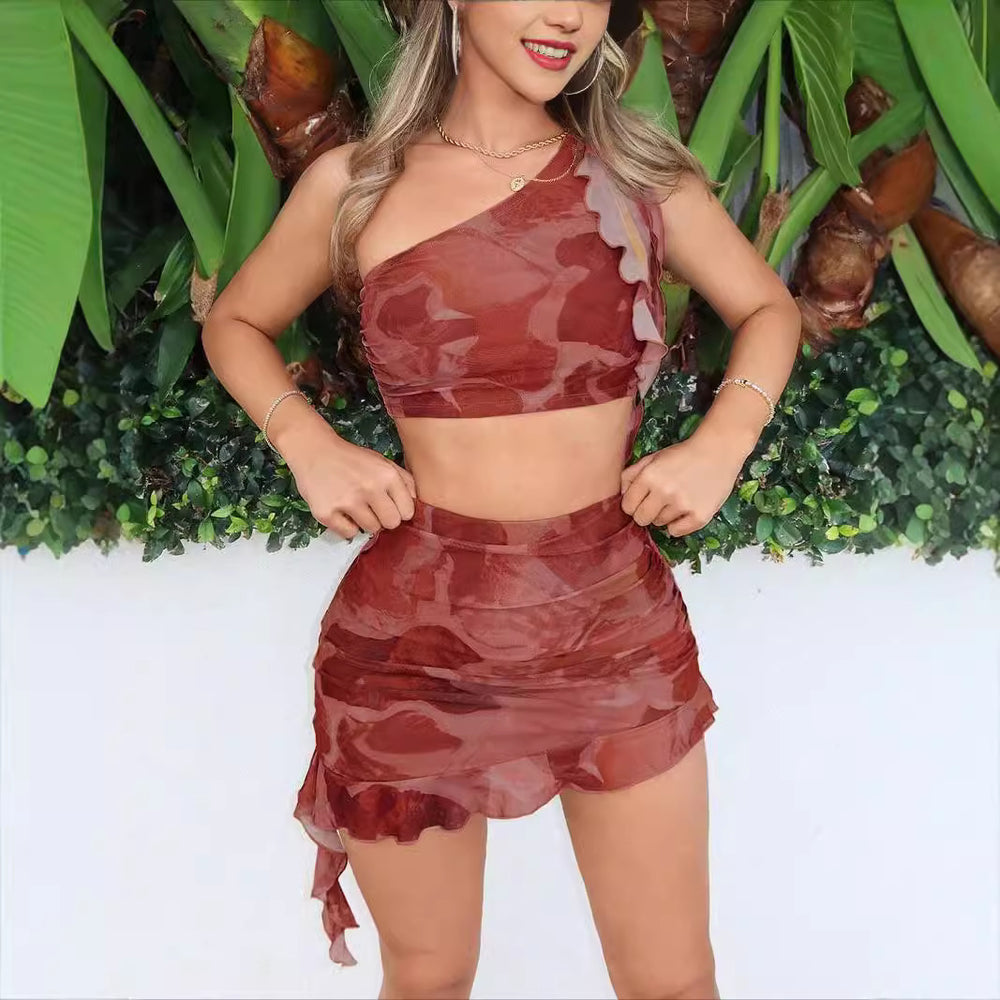summer new arrival: printed one-shoulder ruffle hem mini skirt two-piece set - women's european & american sexy slim-fit fashion outfit