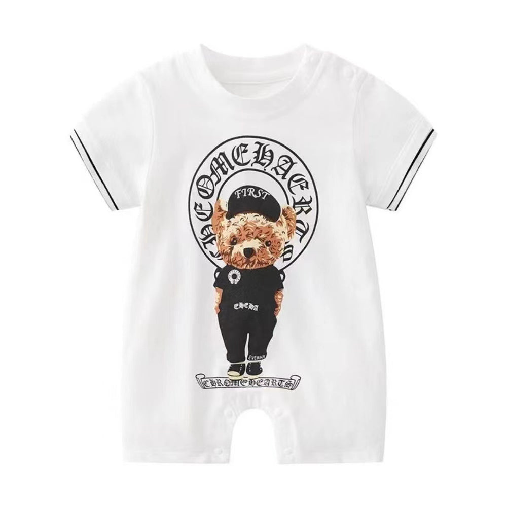 Newborn infant summer lightweight short-sleeve romper - baby boy & girl crawling suit with pocket - bear design onesie
