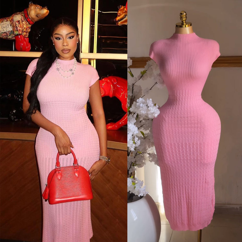 Elegant women's dress  new arrival: high-end round neck short sleeve bodycon knit dress with elastic waist and hip-hugging design