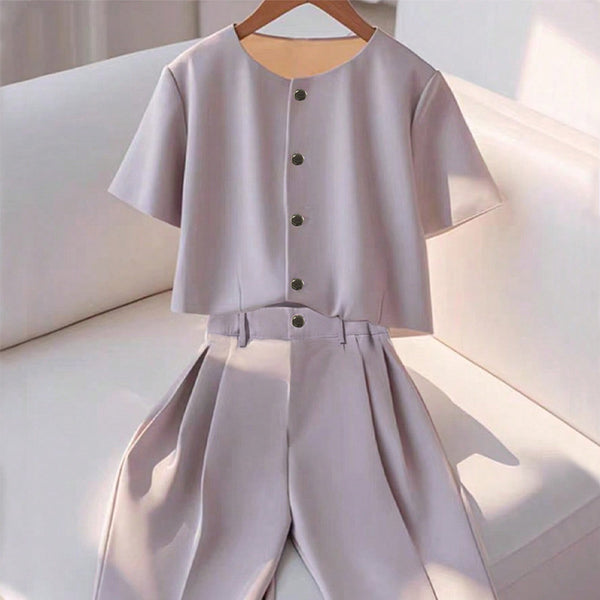 Ruihu 2025    European and American temperament short-sleeved shirt top casual trousers two-piece set