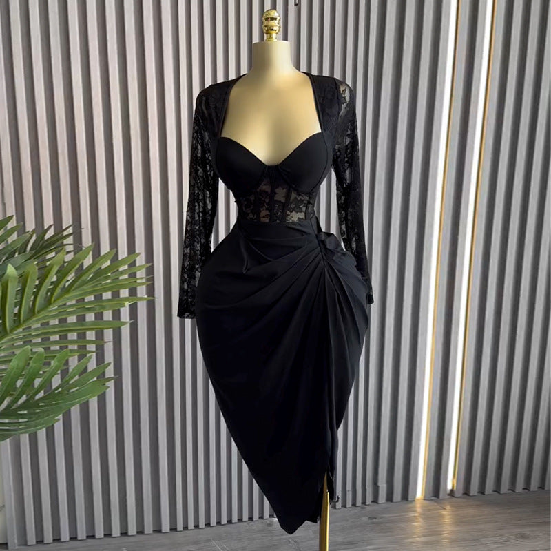 European and american women's clothing  summer new arrival: elegant square neck lace long sleeve high waist slimming midi dress