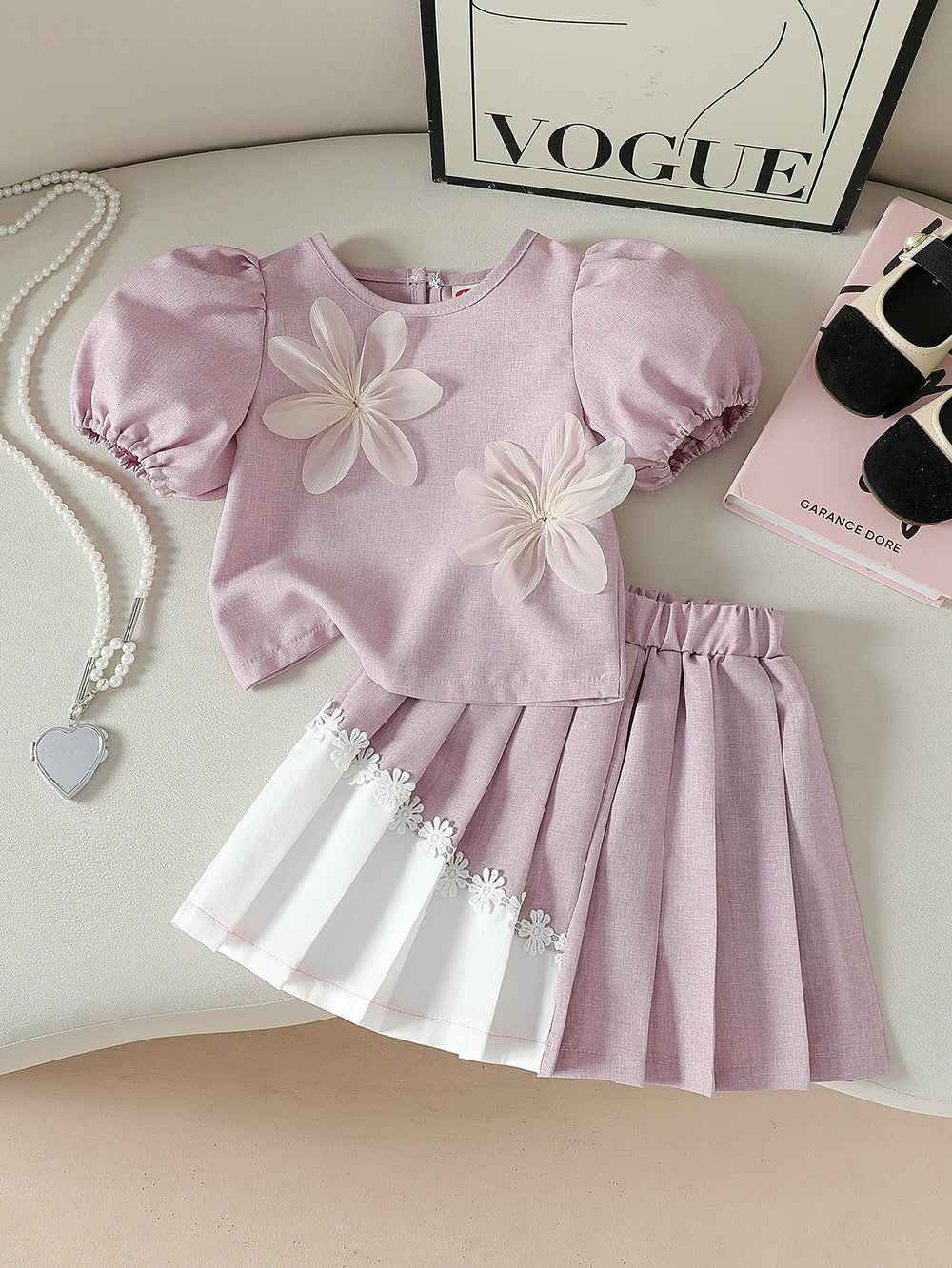 new autumn cross-border girls' elegant floral solid color puff sleeve top + a-line pleated skirt set