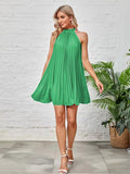 Amazon women's  new spring solid color ruched sleeveless stand collar bow tie elegant dress