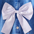 Girls' patchwork bubble sleeve faux denim dress - summer kids' a-line princess dress with large bow at chest and square neck