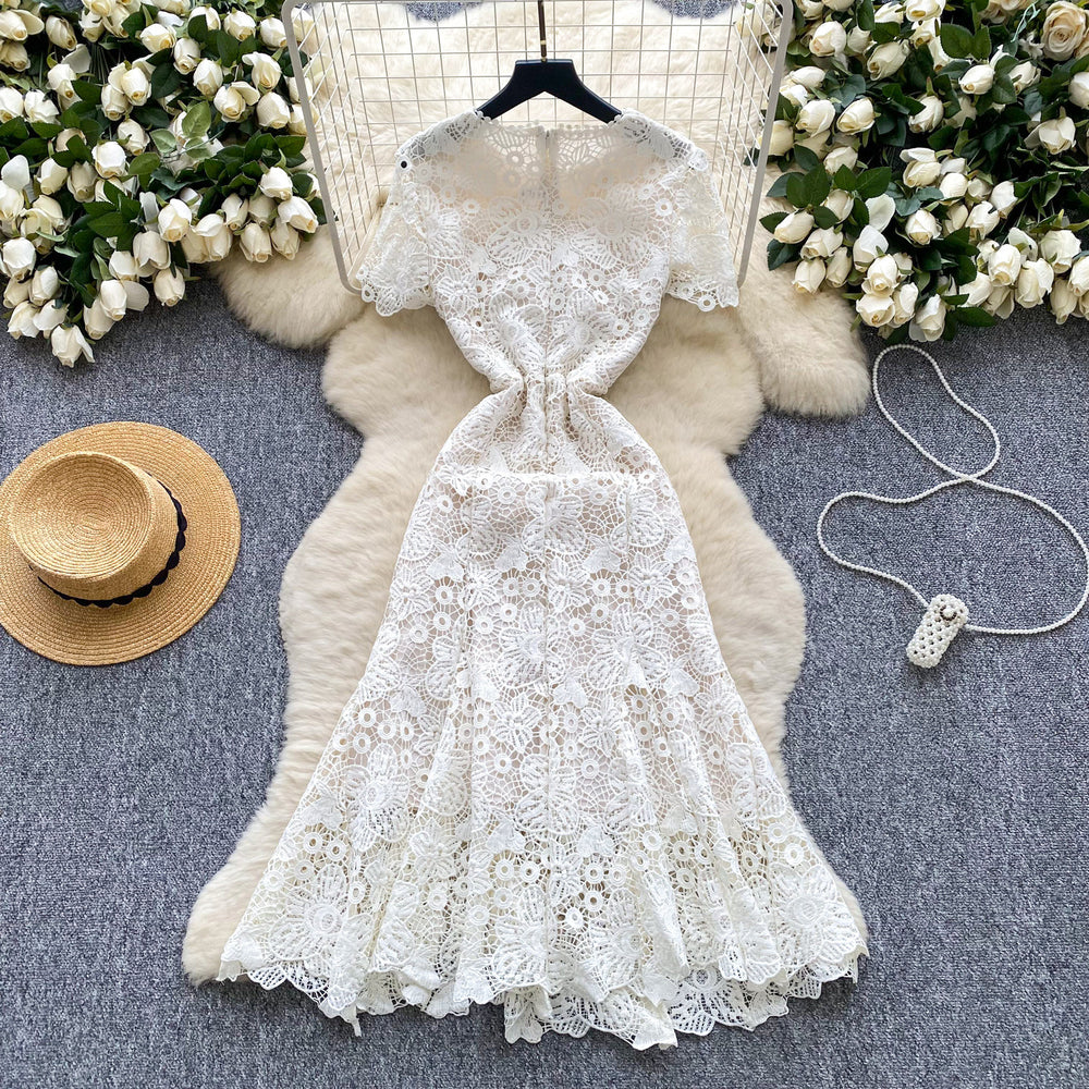 High-end elegant women's dress -  summer french chic, luxurious, heavily embellished, openwork crochet lace, slim-fit mermaid maxi dress