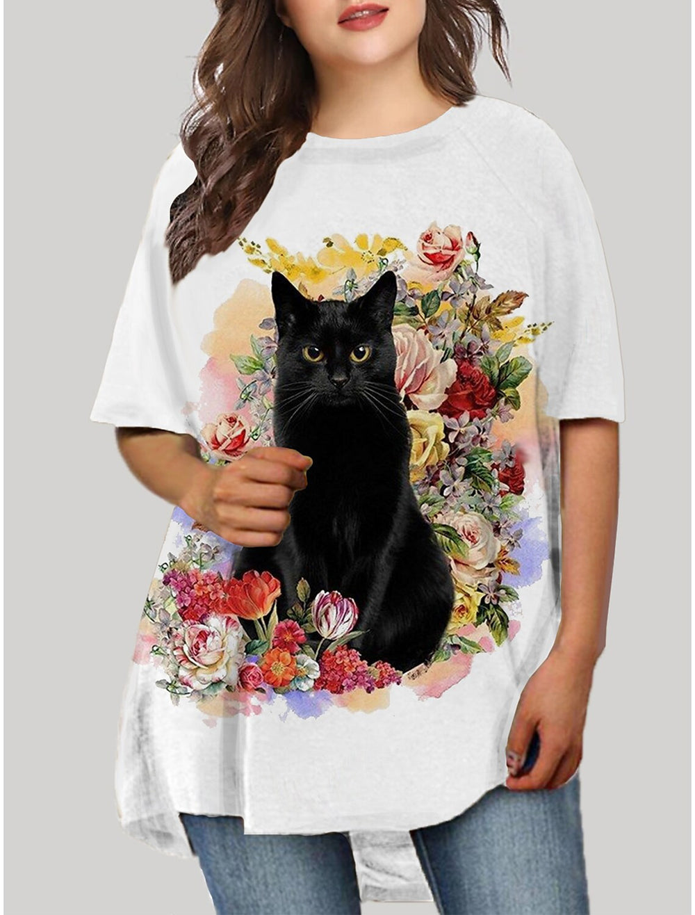 cross-border   plus size women's cute cat 3d digital print short sleeve loose crew neck t-shirt