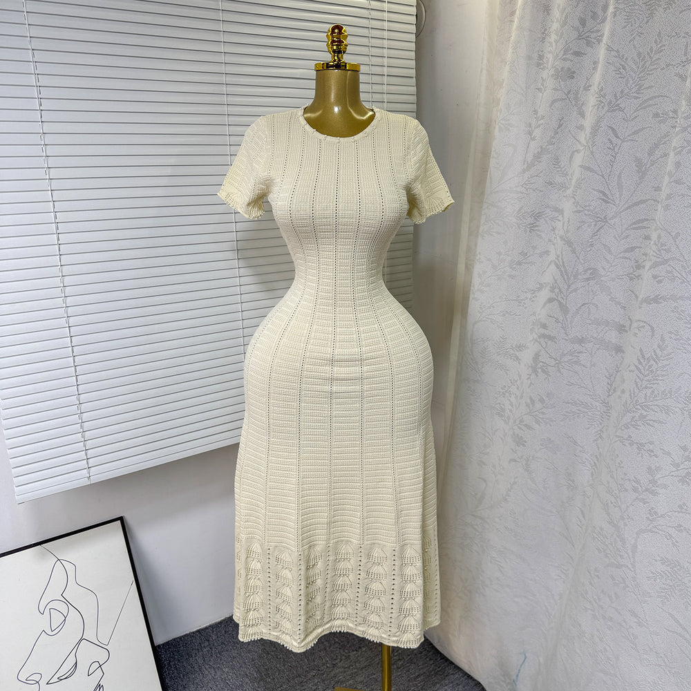 summer new arrival: elegant round neck beaded hollow-out slim-fit short sleeve knitted dress for women