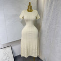 summer new arrival: elegant round neck beaded hollow-out slim-fit short sleeve knitted dress for women