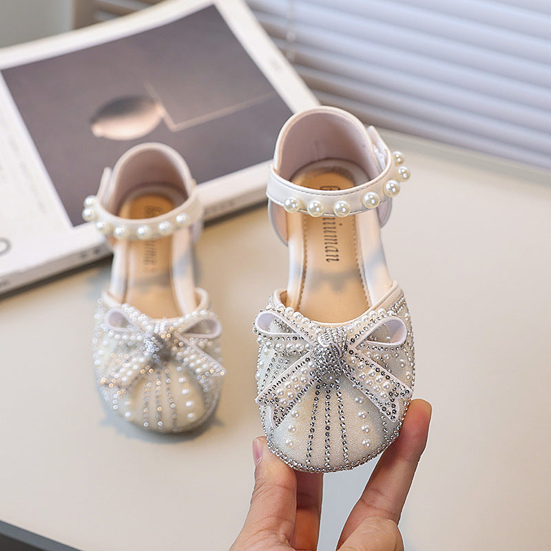 Girls' beaded bow princess shoes - new spring/autumn collection - mary jane style leather shoes for kids - soft sole, stylish dance shoes