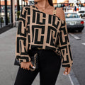plus size retro print shirt - asymmetrical off-the-shoulder metal buckle cami with maze pattern oversized top