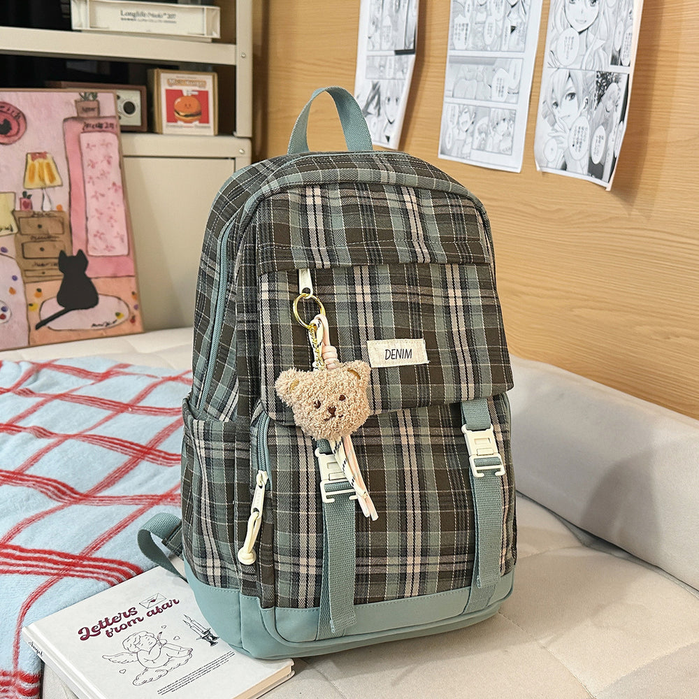 Vintage mori girl style plaid backpack - high school girl's chic rucksack - korean style large capacity fashionable versatile backpack