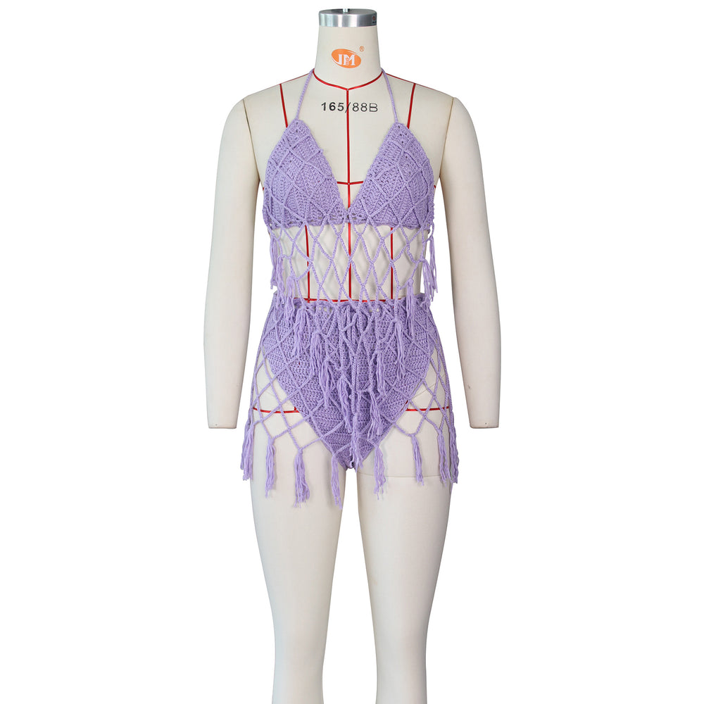 e-commerce european and american women's swimwear, sexy hand-crocheted beach cover-up, knitted casual swimsuit set - hot seller