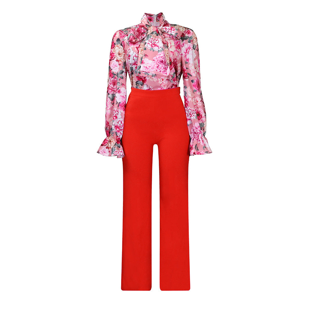 D316 european and american style women's clothing  autumn/winter loose plus size casual printed long sleeve shirt and wide leg pants cross-border two-piece set