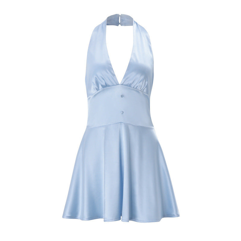 Amazon women's clothing  summer new arrival slim-fit v-neck elegant satin halter neck cinched waist a-line dress