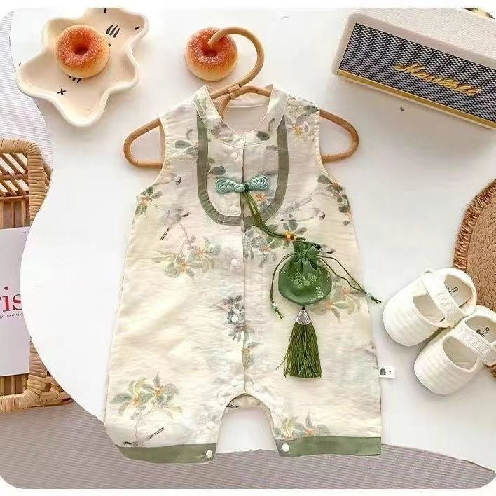 Infant and toddler summer short-sleeved cheongsam jumpsuit, baby girl summer outfit, chinese-style romper, outdoor crawling suit