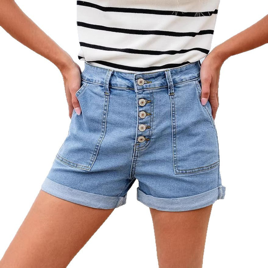 e-commerce  american style buttoned high waist cuffed denim shorts women's silmslimming look hip-covering hot pants standard code