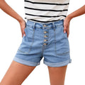 e-commerce  american style buttoned high waist cuffed denim shorts women's silmslimming look hip-covering hot pants standard code