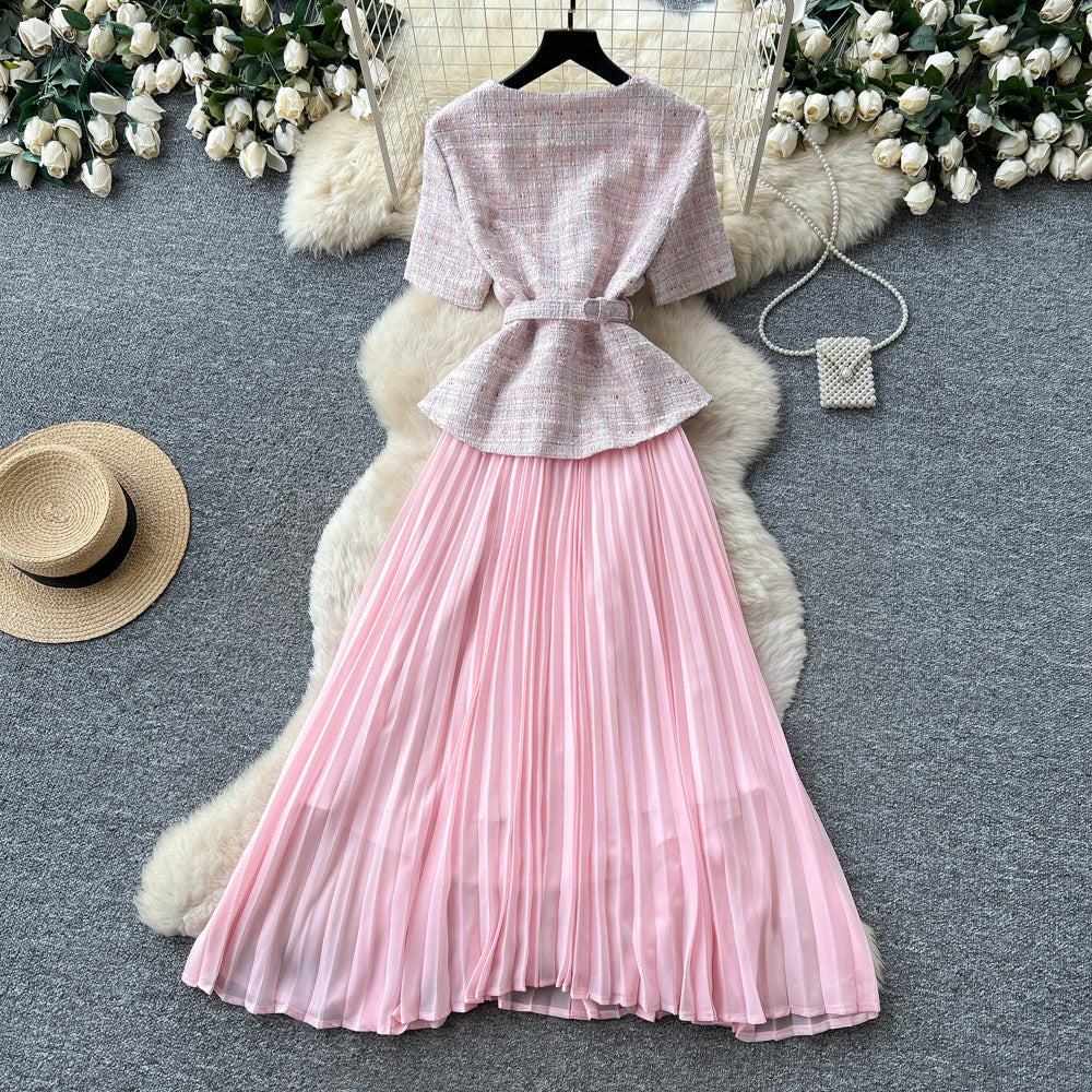 Xiaoxiangfengsequin round neck pleatedpatchworkdress women's summerclassy waist slimming lookpleated long skirt work clothing