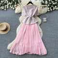 Xiaoxiangfengsequin round neck pleatedpatchworkdress women's summerclassy waist slimming lookpleated long skirt work clothing