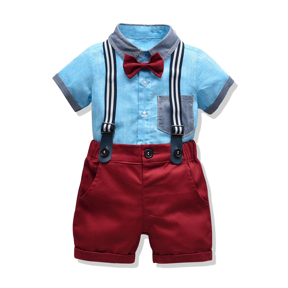 European and american summer cross-border children's clothing: boys' color block short-sleeve overalls, kids' outfit, birthday dress