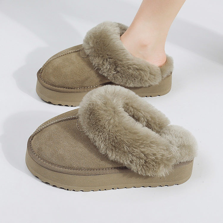 Women's fuzzy slippers - new 2026 autumn/winter collection: thick-soled snow boots, fleece-lined closed-toe half slippers, outdoor cotton shoes