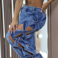 European and american style women's denim set -  cross-border fashion: sexy tie-up bandeau top with cutout high-waisted pants