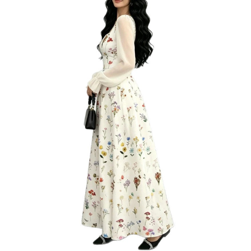 european and american new arrival: white base, multi-colored floral print, square neck, chiffon bubble long sleeve, cinched waist, maxi swing dress