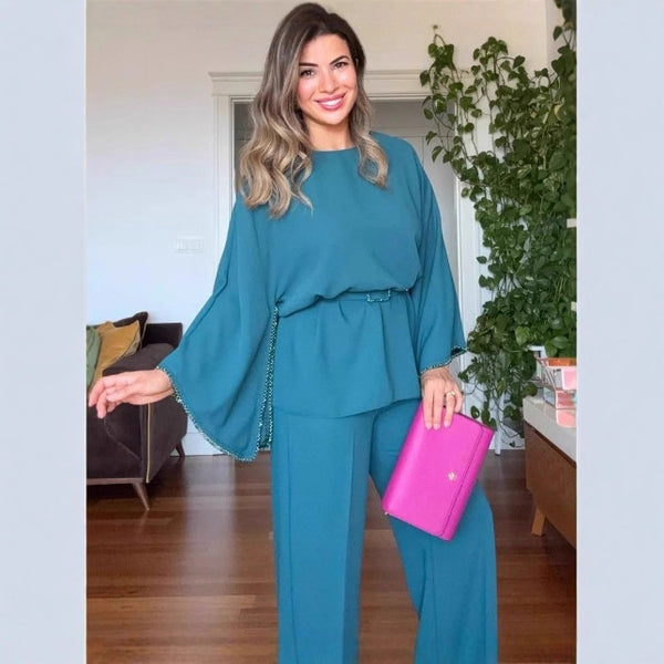 European and American women's clothing 2025 autumn new temperament solid color simple diamond-encrusted long-sleeved top casual wide-leg pants set