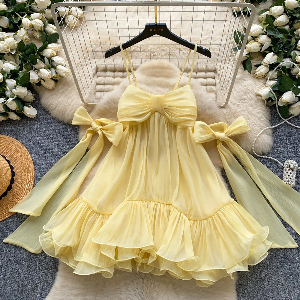 French girl style sweet & spicy bowknot cami dress - korean ruffle trim a-line skirt - age-defying