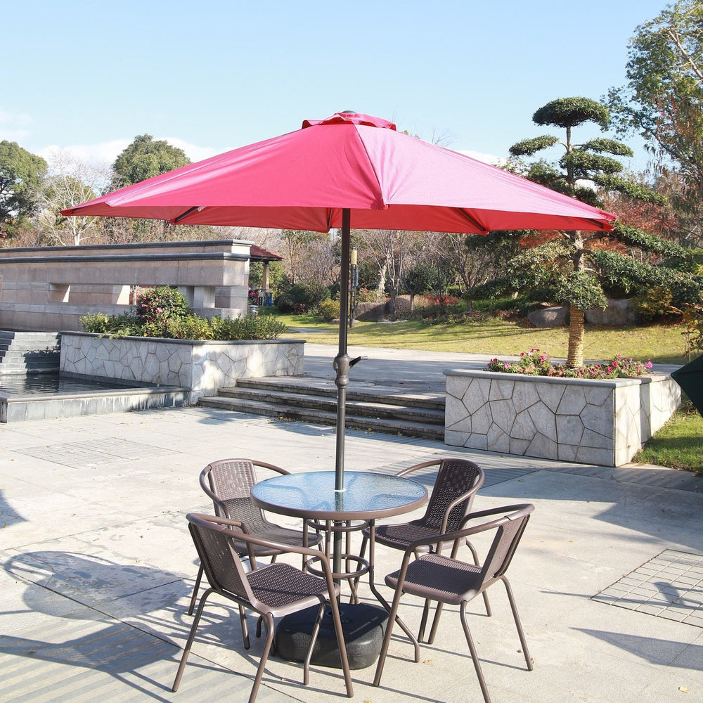Outdoor table and chair set with umbrella, sunshade, perfect for outdoor cafes, bubble tea shops, and casual outdoor seating. features a wrought iron frame and rattan chairs, ideal for patios and gardens