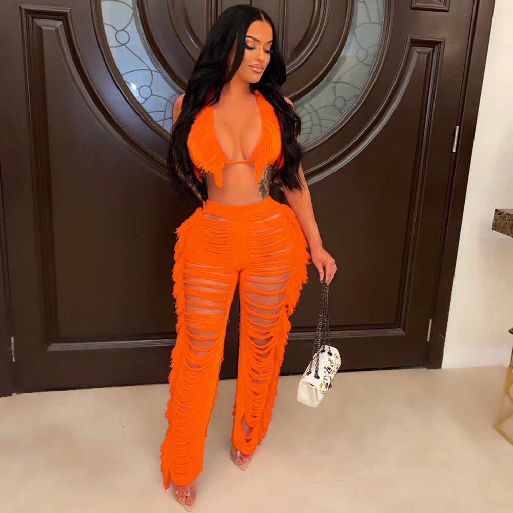 Source factory  summer new european and american style sexy tassel knit pant set