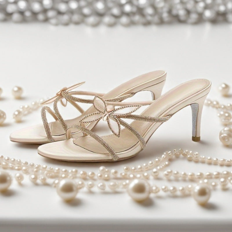 2026 summer new round toe stiletto heel sandals women's fairy style rhinestone thong sandals bow sweet chunky heel slides