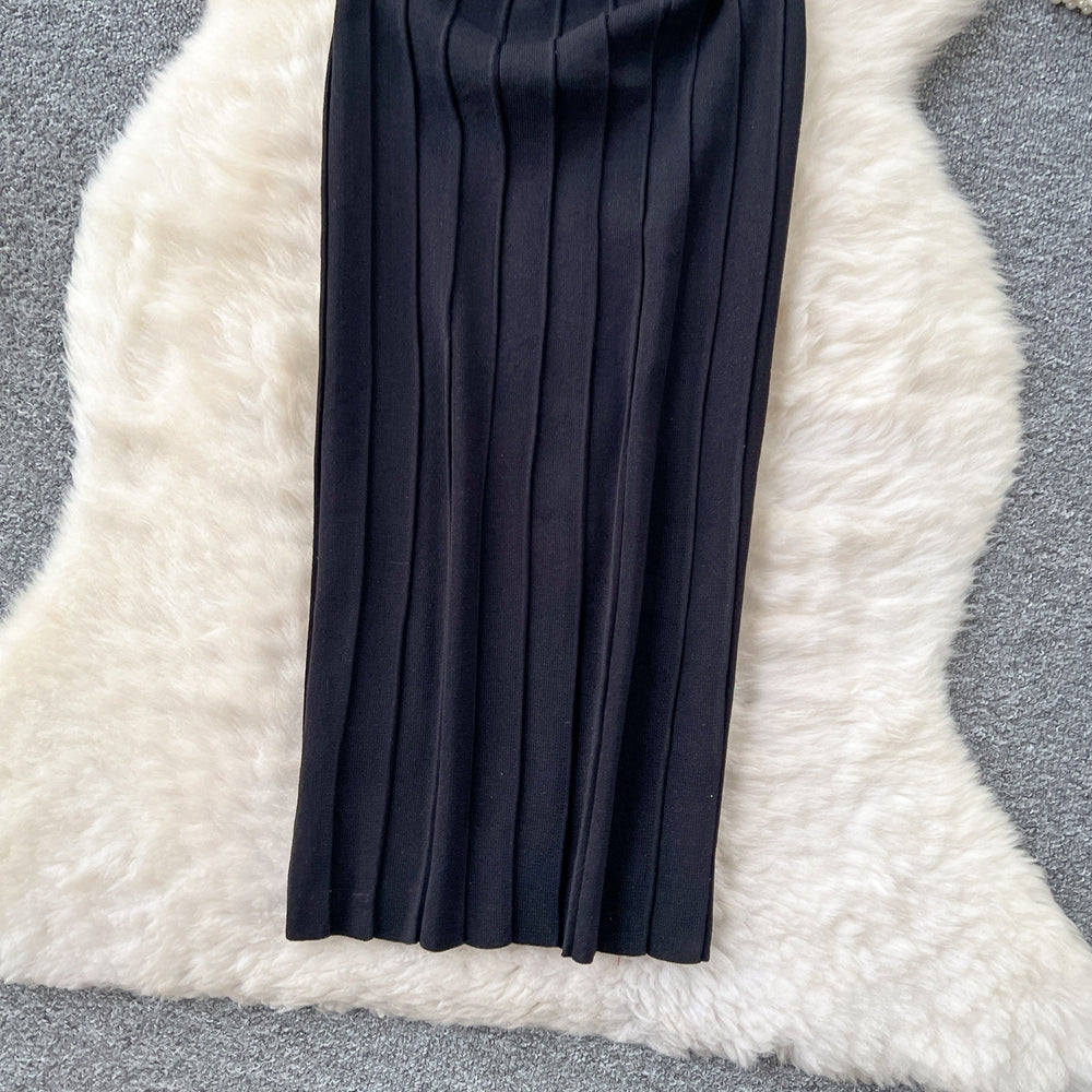 Celebrity fashion heavy industry beading round neck sleeveless knittingdress women's summersexyslimming look medium longsweater skirt