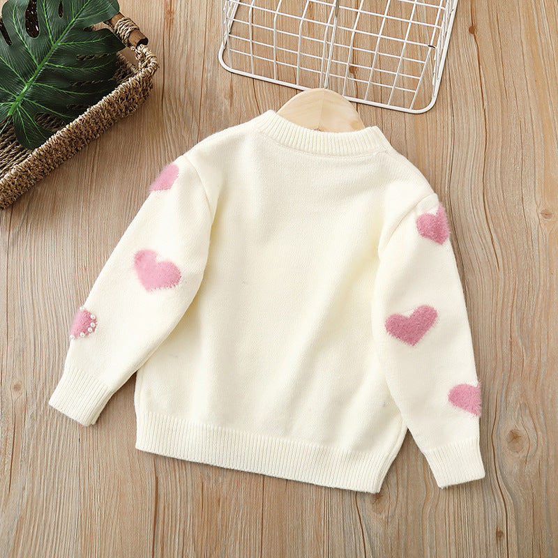 Girls' knitted sweater -  new style baby girl pearl heart pullover sweetheart princess fashion top