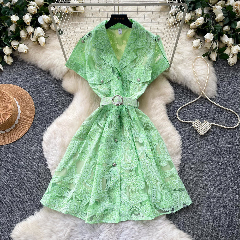 French romantic style heavy lace embroidery dress - women's summer short sleeve, cinched waist, hollow-out, slimming, elegant mini dress