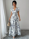 spring/summer  new arrival: printed ruffle trim v-neck sexy slim-fit long dress/gown