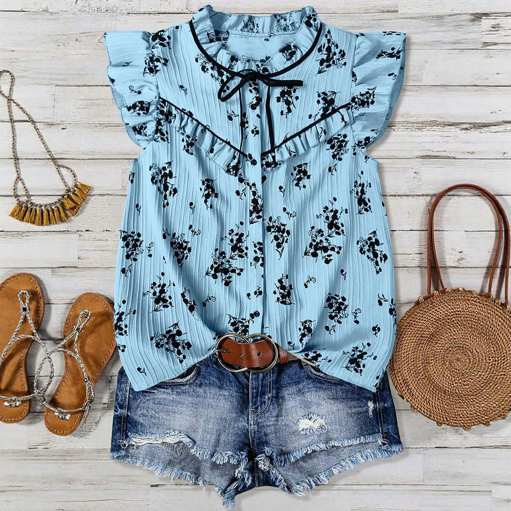 fashionsummerplus size women's blue bottom floral tie back shirt fungus edge flying sleeves loosetops