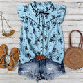 fashionsummerplus size women's blue bottom floral tie back shirt fungus edge flying sleeves loosetops