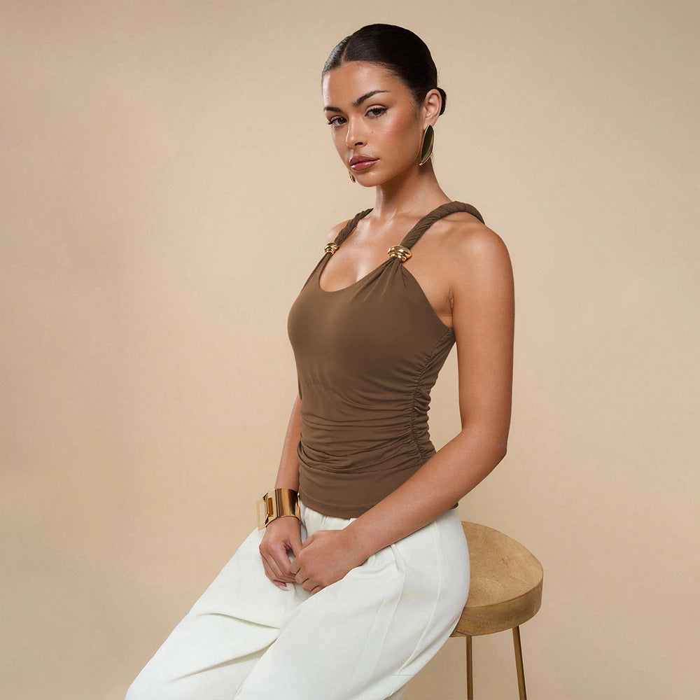 Amazon fashion european and american style metal ring detail spaghetti strap slim fit u-neck ruched cropped tank top for women